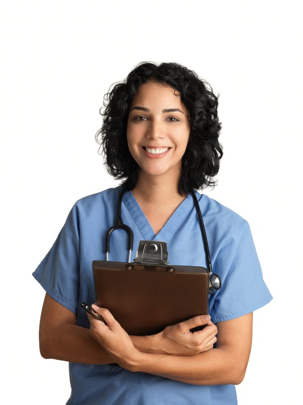 Nurse holding clip board and staring/smiling at camera.