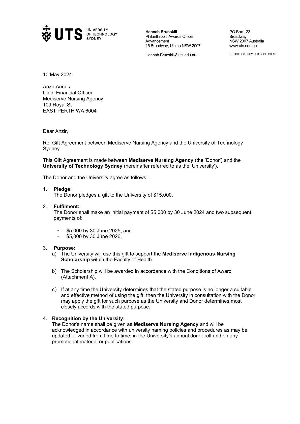 Mediserve Indigenous Nursing Scholarship Gift Agreement 2024