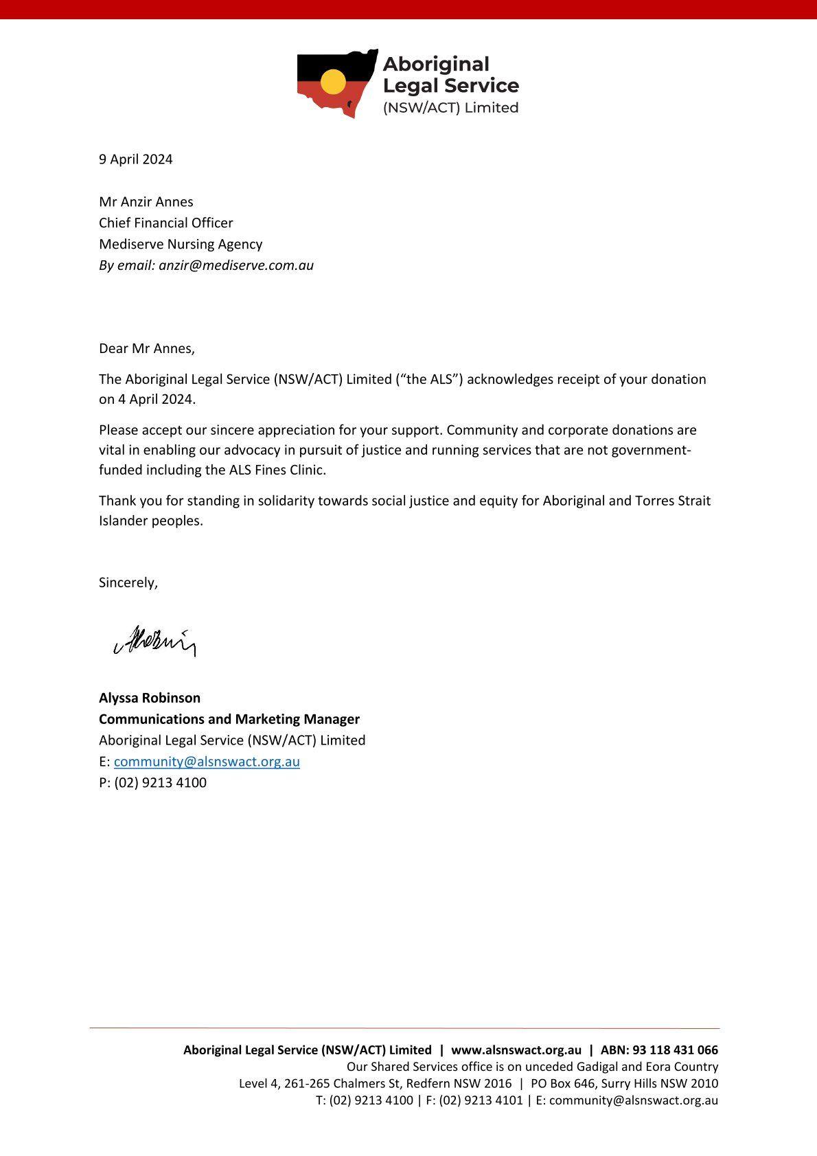 Aboriginal Legal Service NSW-ACT Letter of Appreciation